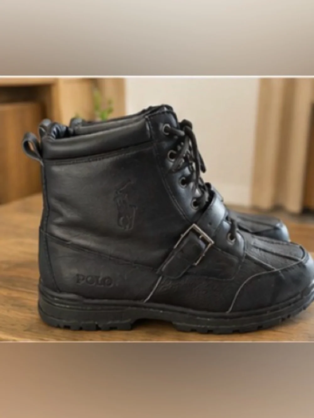 Polo by Ralph Lauren Black Leather Lace-Up Buckle Ankle Boots